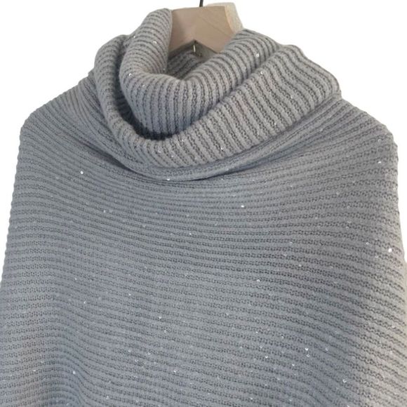 Asymmetrical Cotton Blend Cowl Neck Poncho Womens Gray Hem Ribbed Sequin Grey - Picture 4 of 6